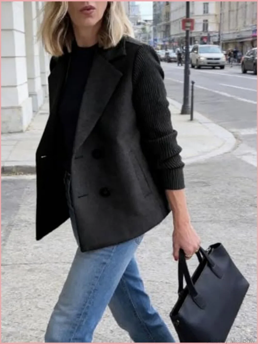 Cropped Wool Blend Fall Knit Sweater Blazer Double Breasted Pea Coat